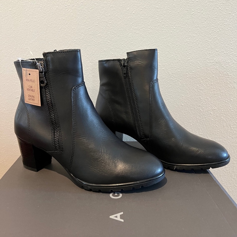 NEW Black Stacked Heel Leather Bootie